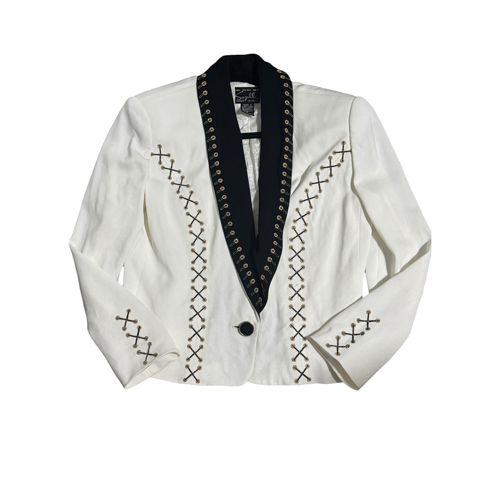 Suzelle VTG Cream Black Embroidered Lace up Blazer sz4 Shawl Collar Western Glam